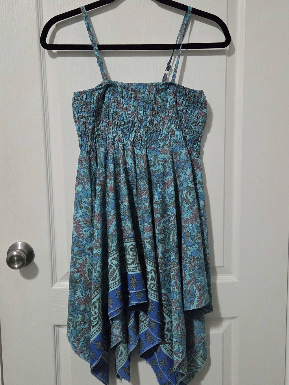 Karma Highway Smocked Handkerchief-Hem  Dress in Teal Floral